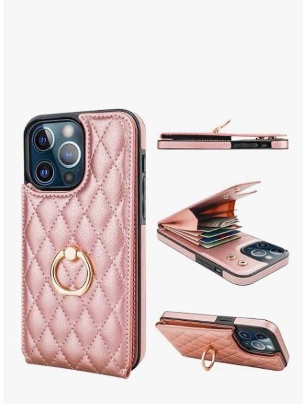Rose Gold Wallet Phone Case with Card Holder and 360° Ring Stand
